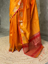 mustard yellow and red semi tusser saree- PST001D