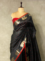 Black and maroon semi tusser saree- PST001A
