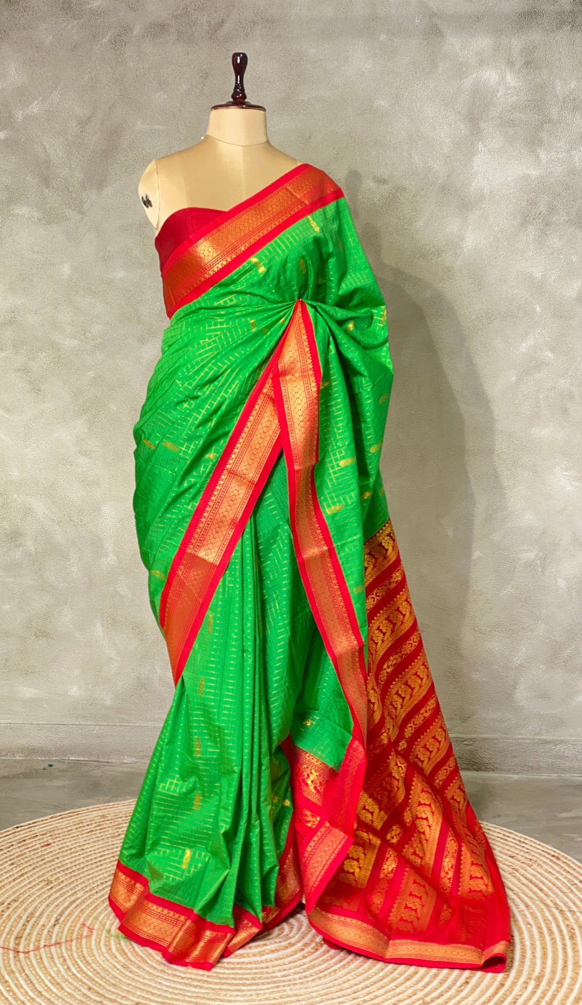 Parrot green and Red Traditional Kanchi silk - PKANCHIPARROT