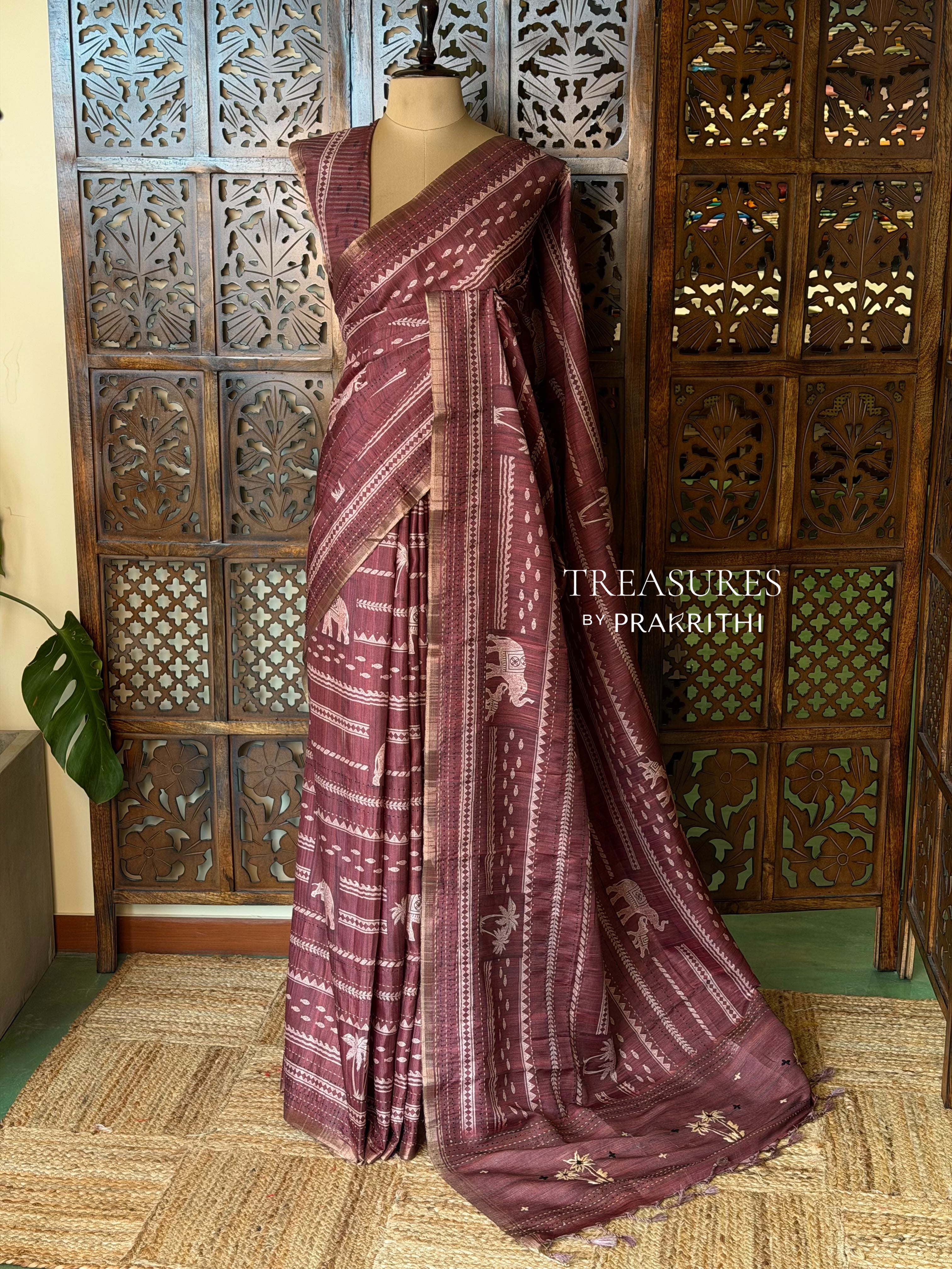 Deep Burgundy Tusser silk saree: PBR55AA