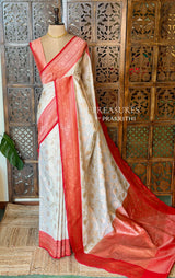 Sandal and Red khadial tissue Banarasi silk saree - RAZ5C