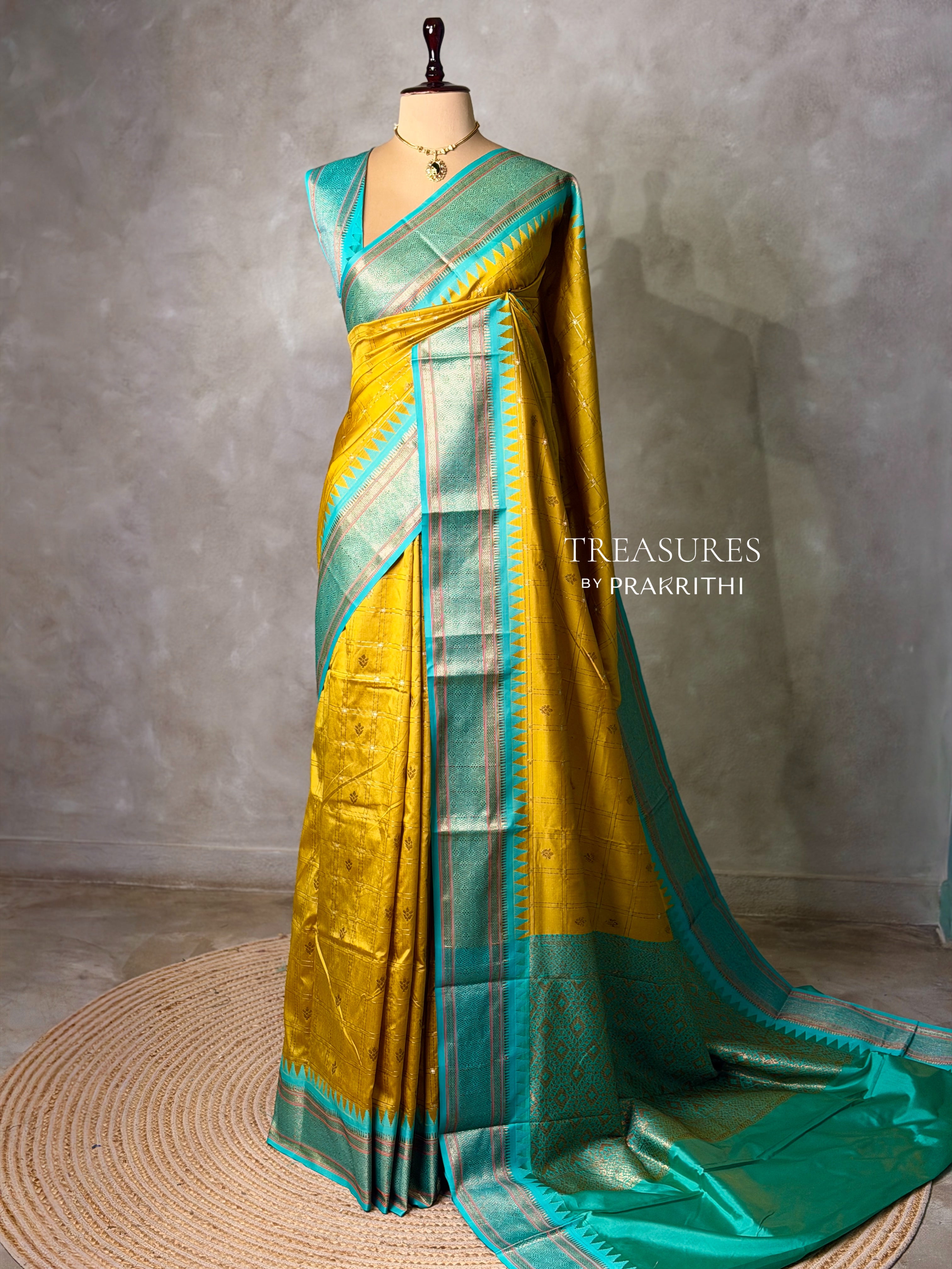 Golden yellow and Aqua blue Silk saree - PBRZU1