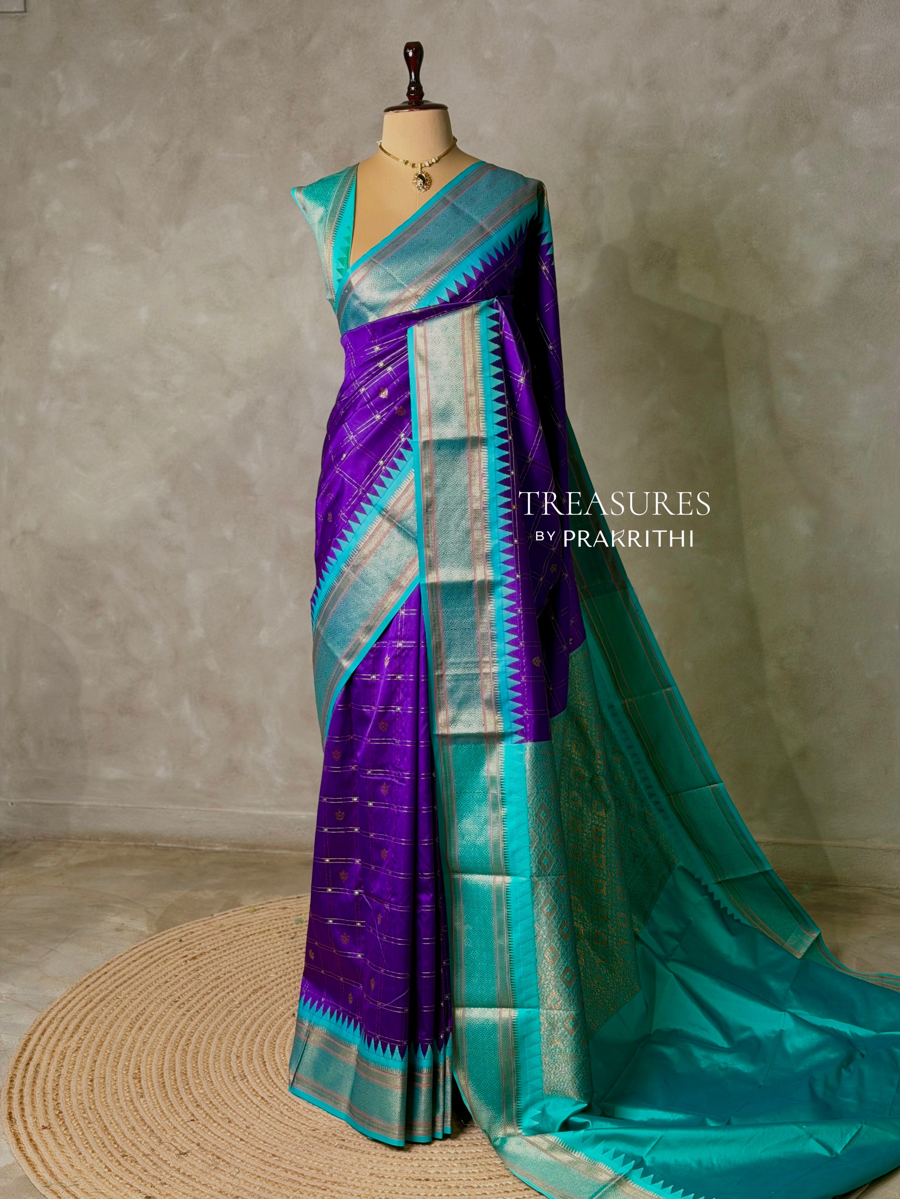 Violet and Aqua blue Silk saree - PBRZU1B