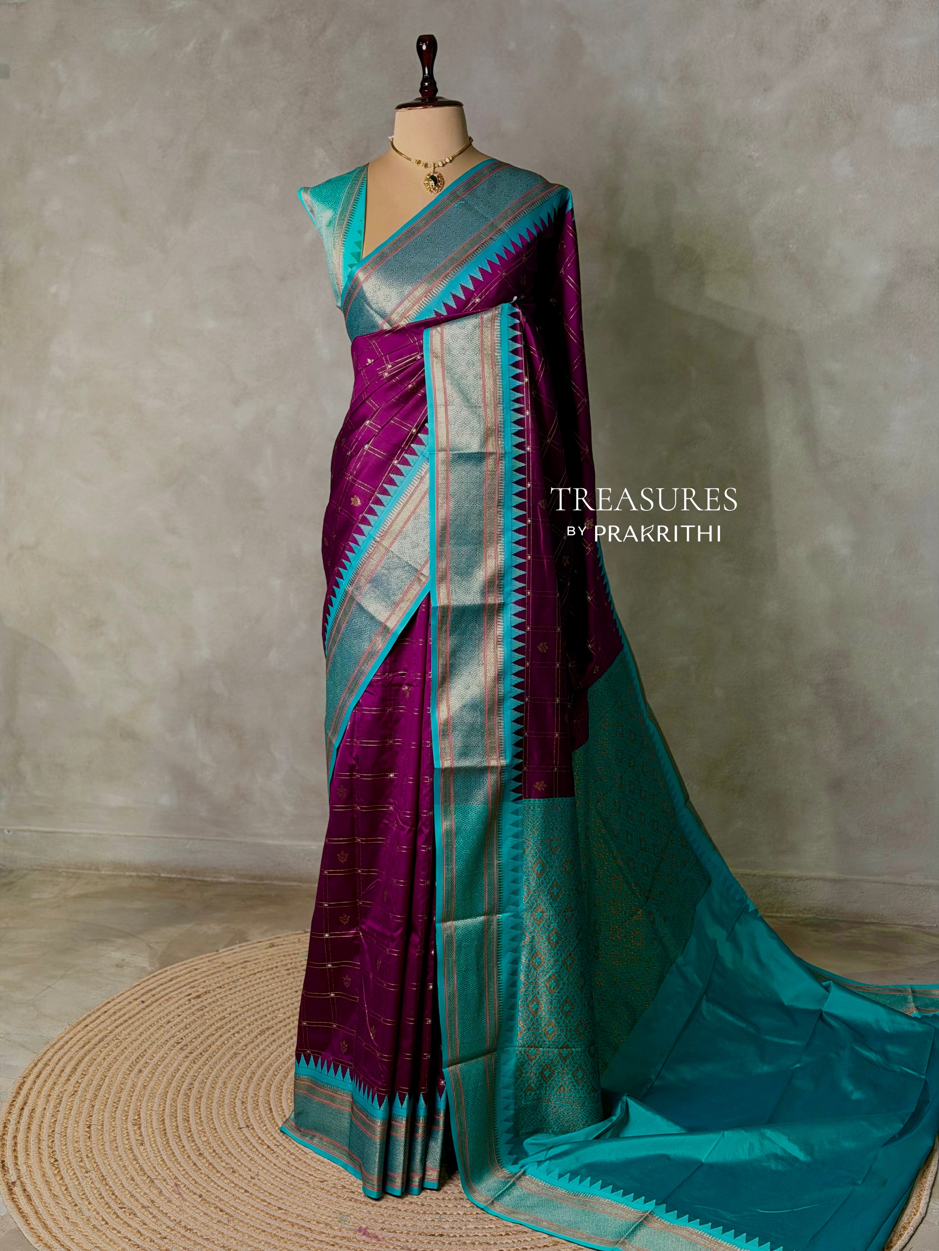 Deep Wine and Aqua blue Silk saree - PBRZU1D