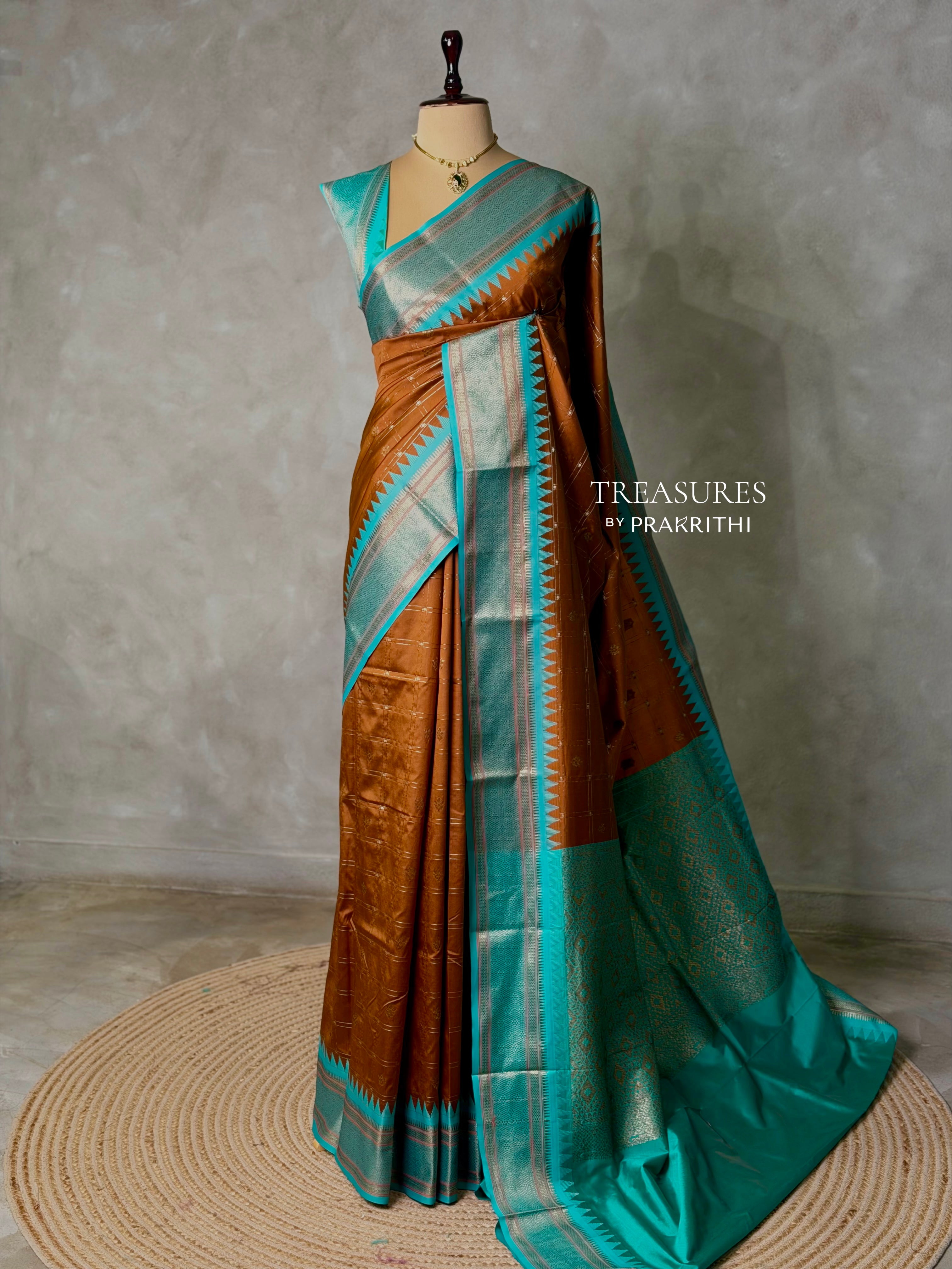 Brown and Aqua blue Silk saree - PBRZU1E