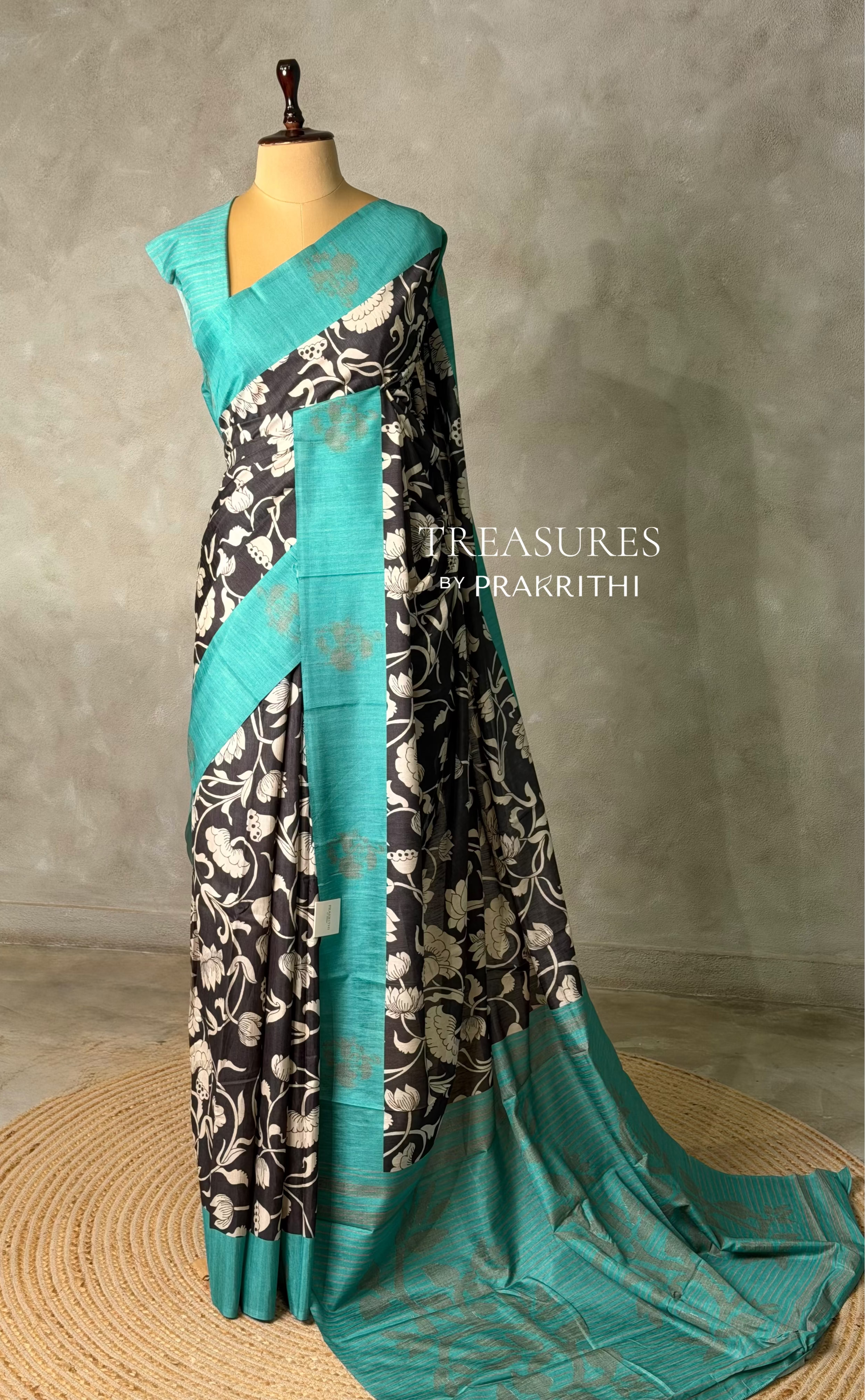 Black and aqua blue jute saree- PBR58