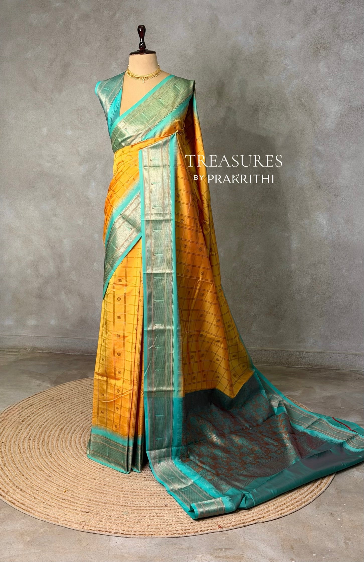 Yellow and aqua blue Silk saree - PBRZU4A