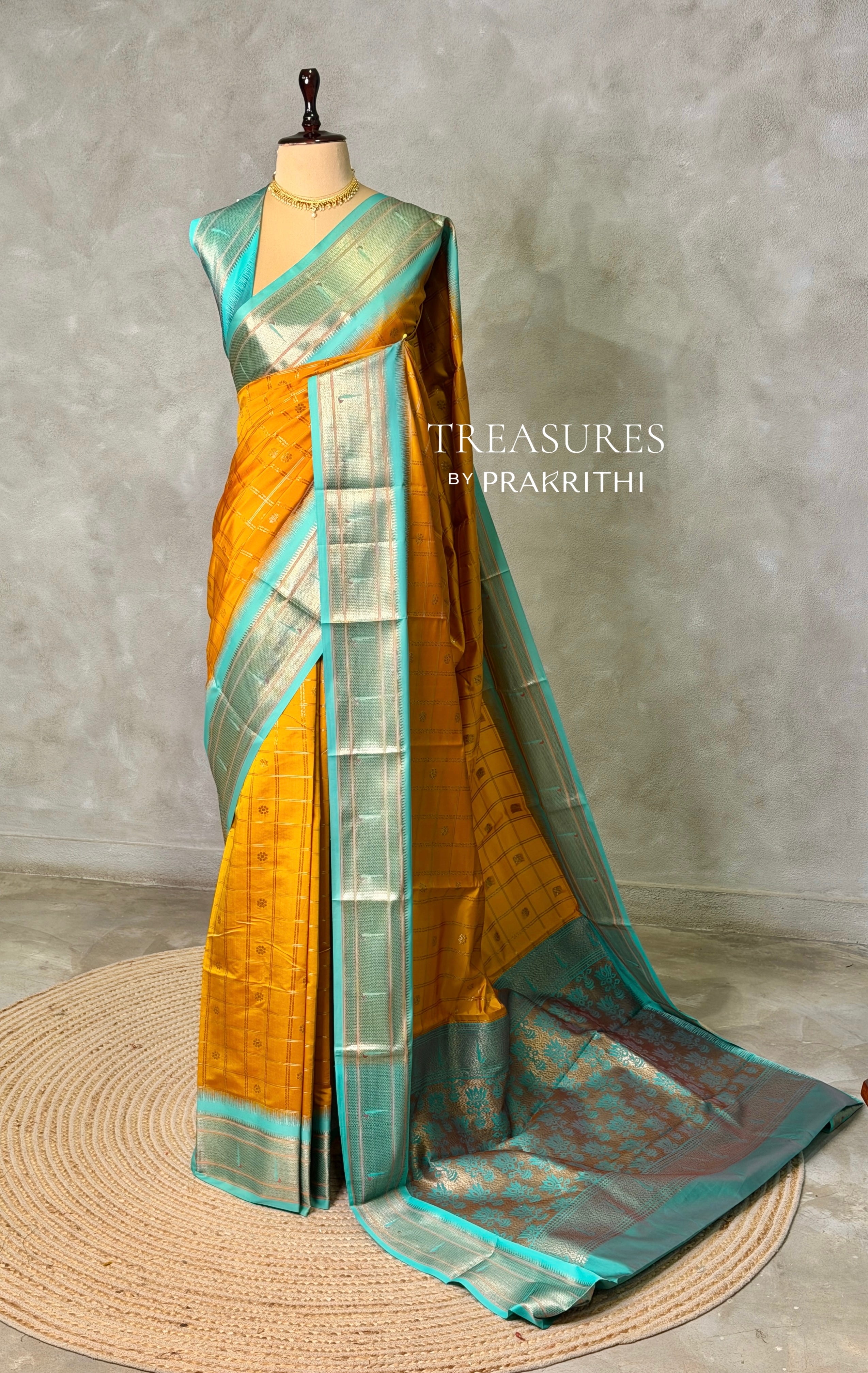 Mustard Yellow and aqua blue Silk saree - PBRZU4C