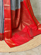 White, Navy blue and Red Silk saree - PBRZU4