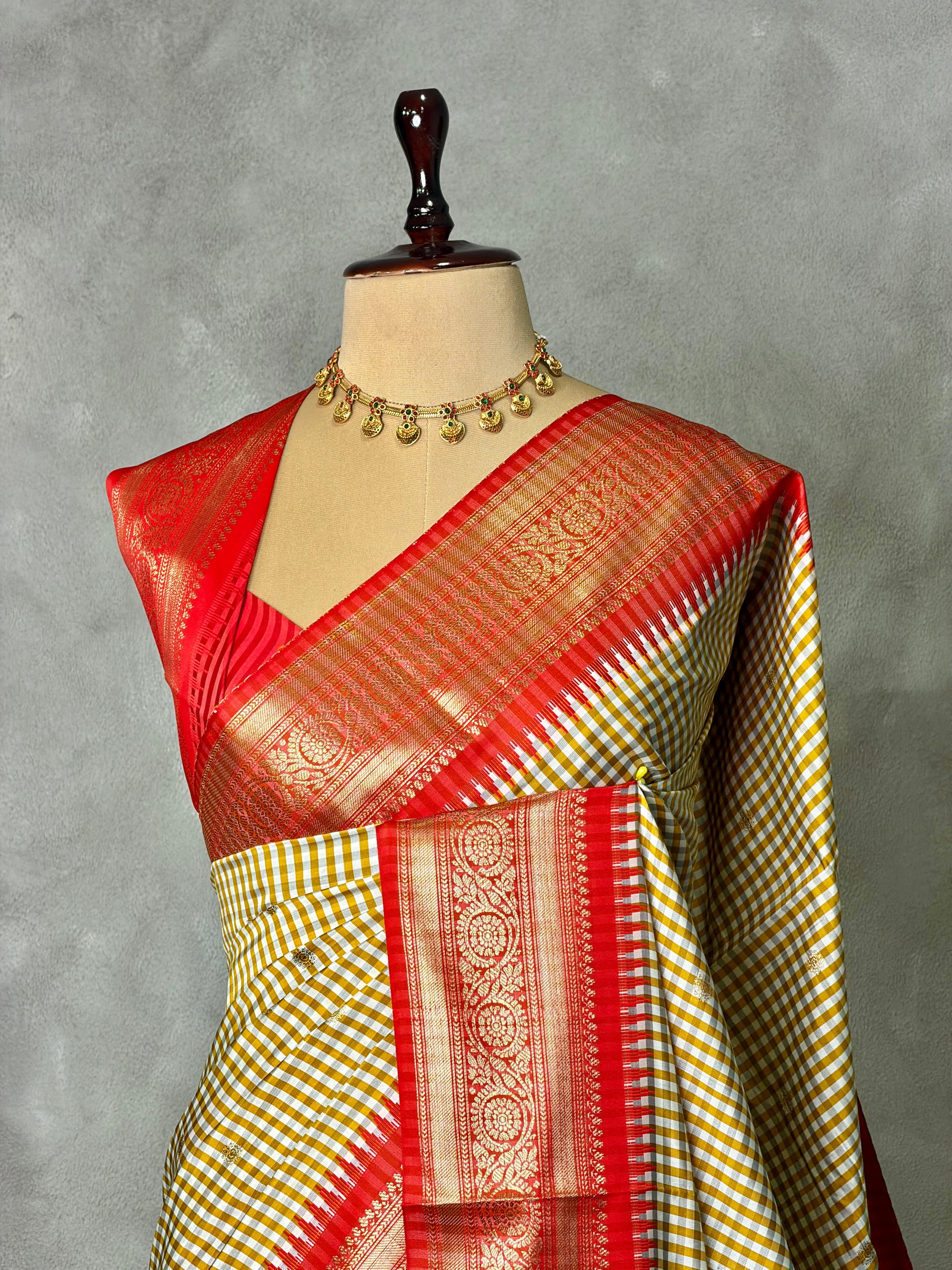 White, Yellow and Red Silk saree - PBRZU4A