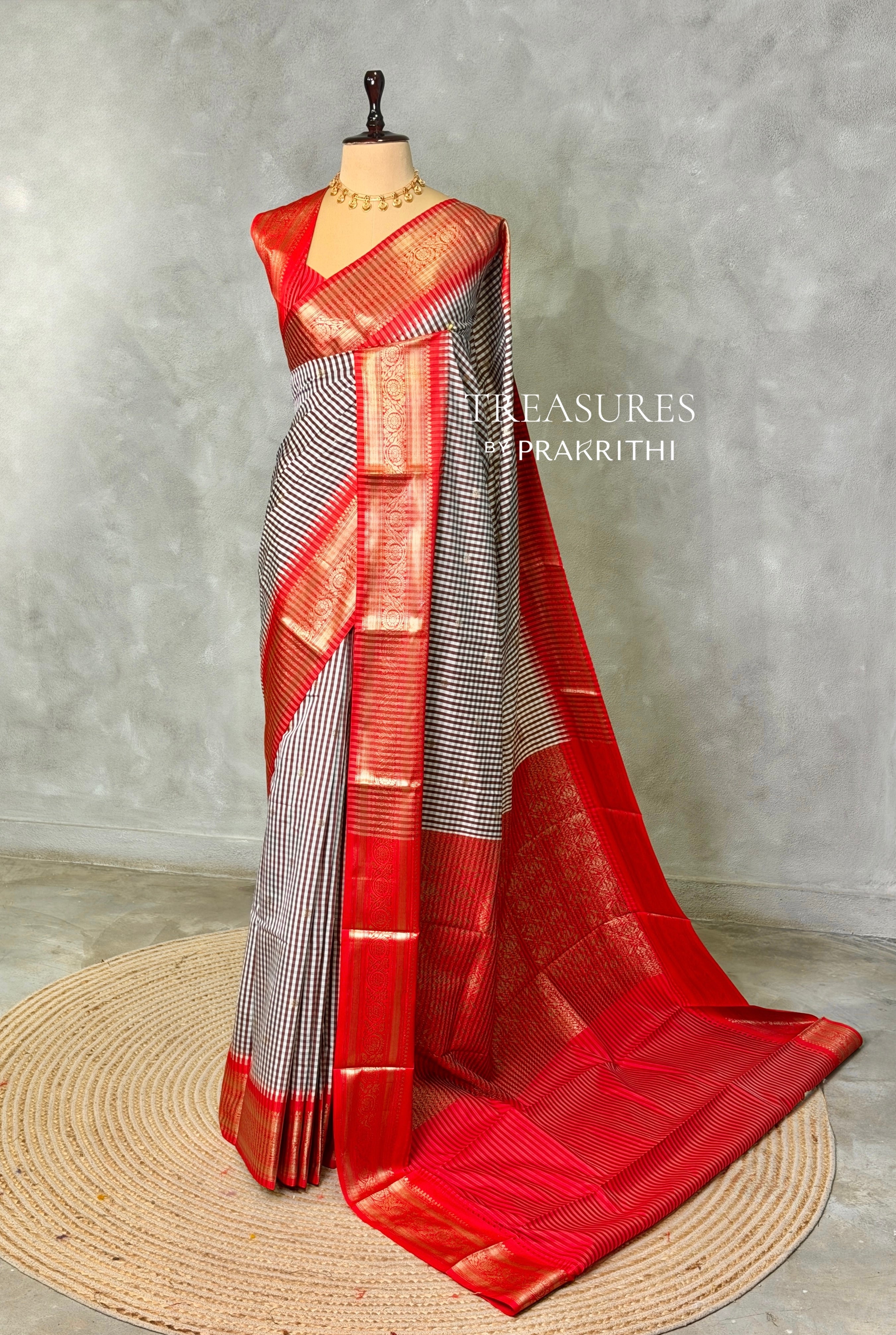 White, Brown and Red Silk saree - PBRZU4C