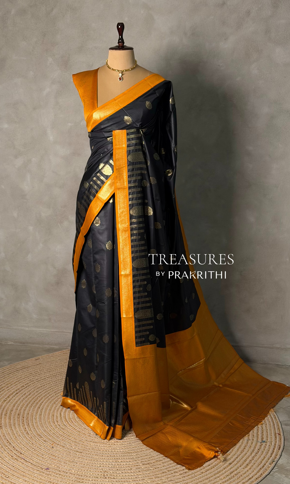 Black and Mustard Yellow silk saree - PBR24