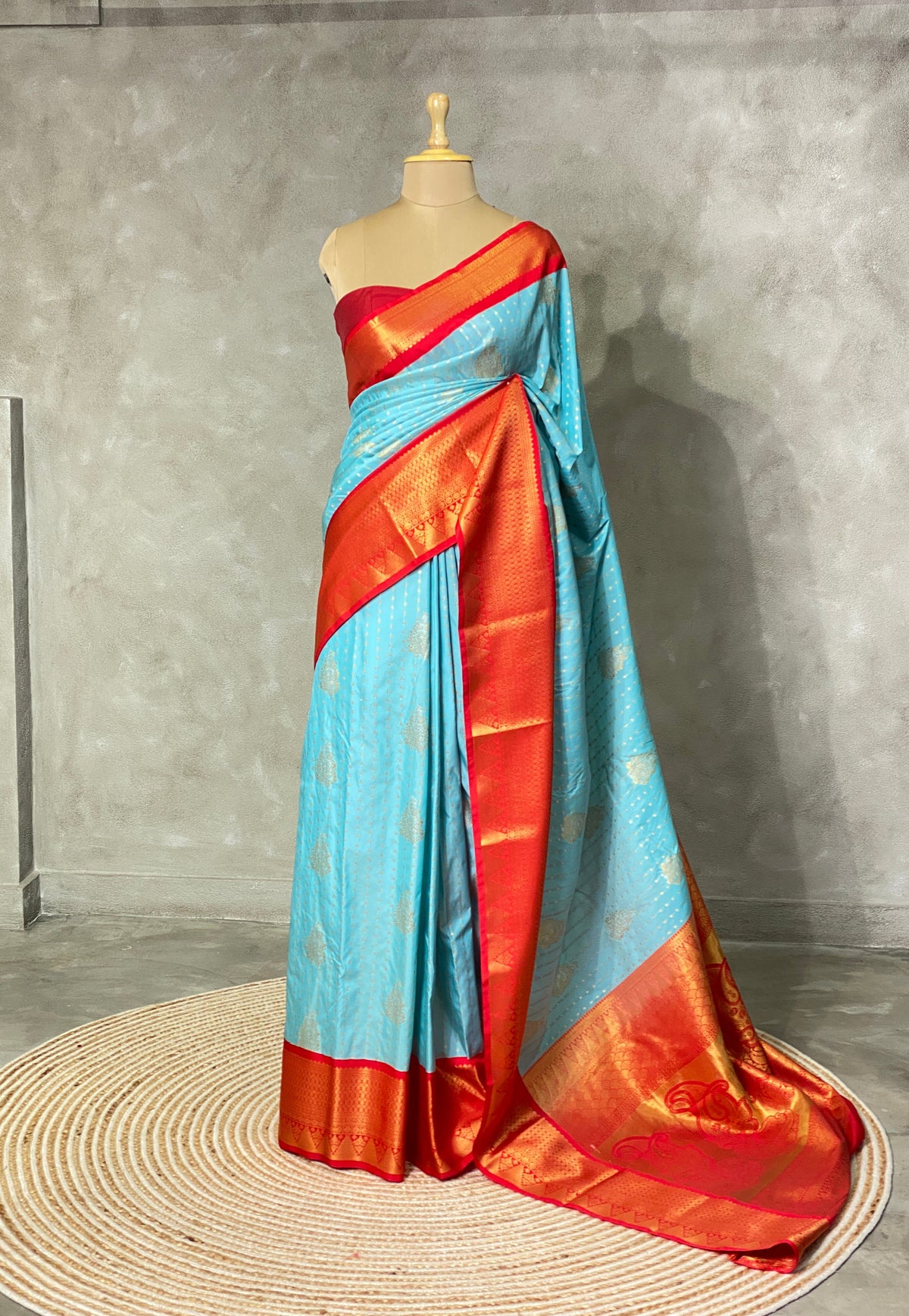 Light blue and red traditional saree - PSS058F