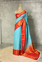 Light blue and red traditional saree - PSS058F