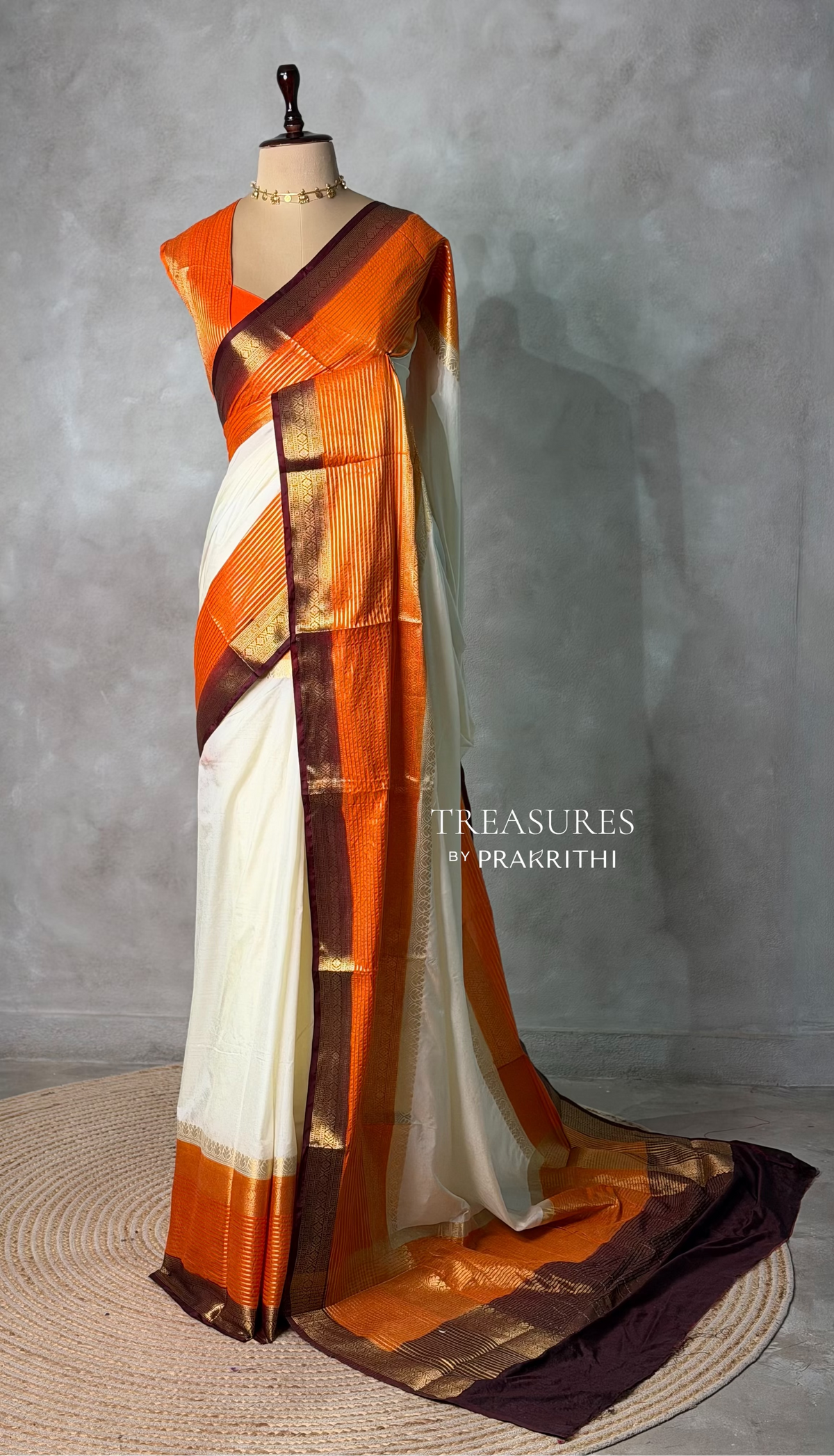 Sandal and orange crepe silk saree- GAL11