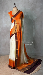Sandal and orange crepe silk saree- GAL11