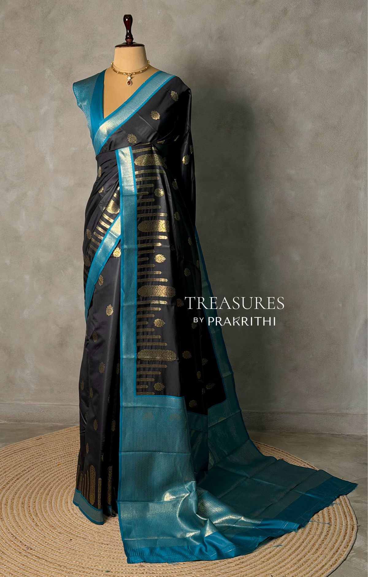 Black and Peacock blue silk saree - PBR24B