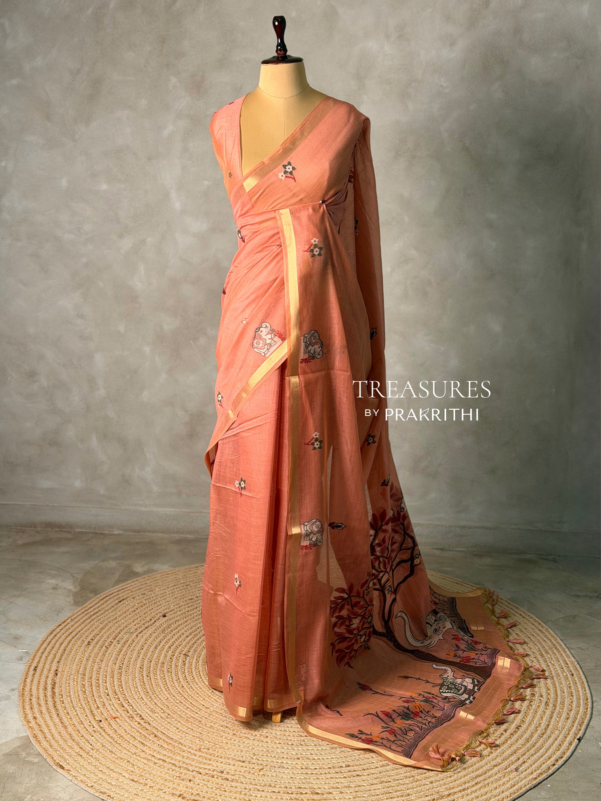 Peach Jamdani Silk cotton saree- PBR27