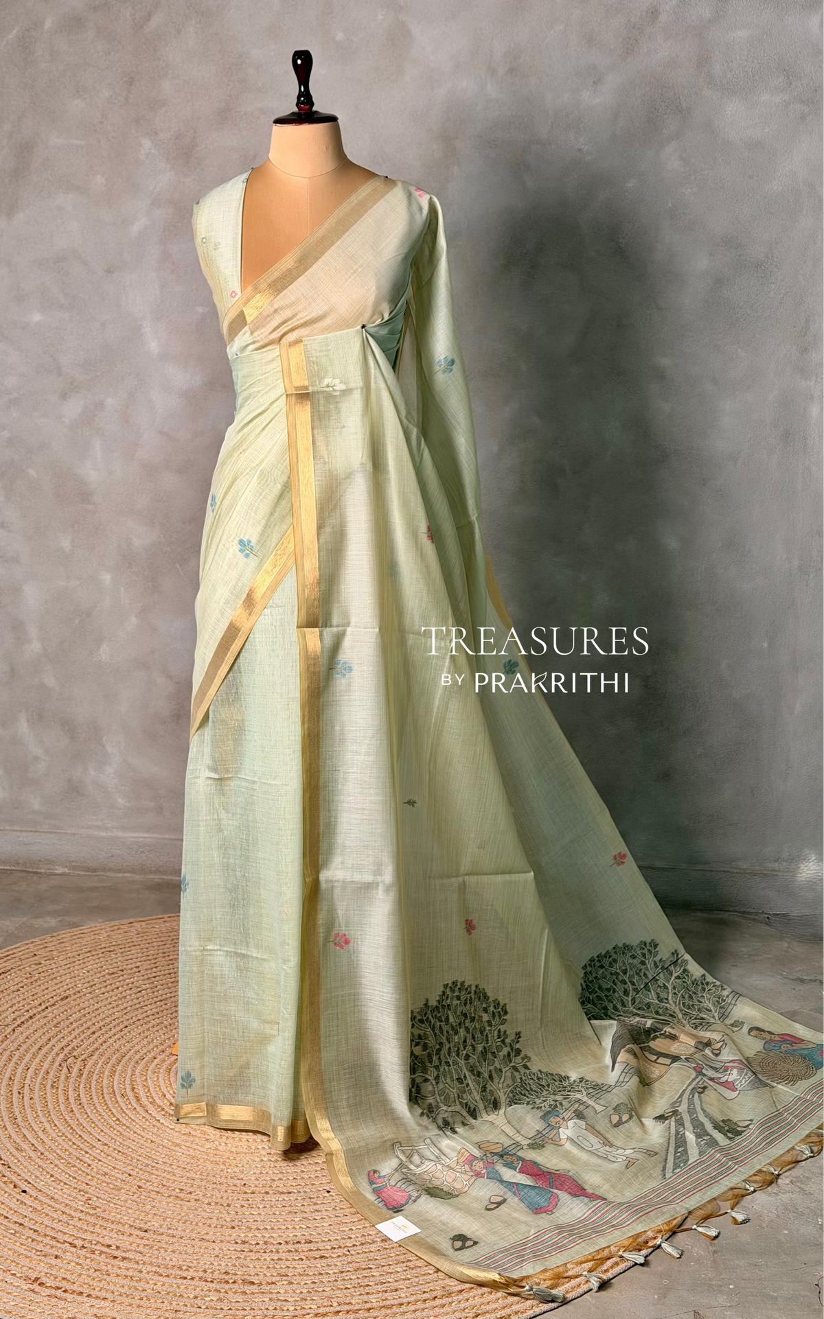 Pastal green Jamdani Silk cotton saree- PBR27C