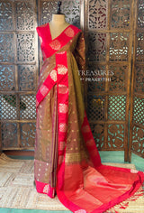 Olive Green and red pure soft silk saree - PSOFTD6D