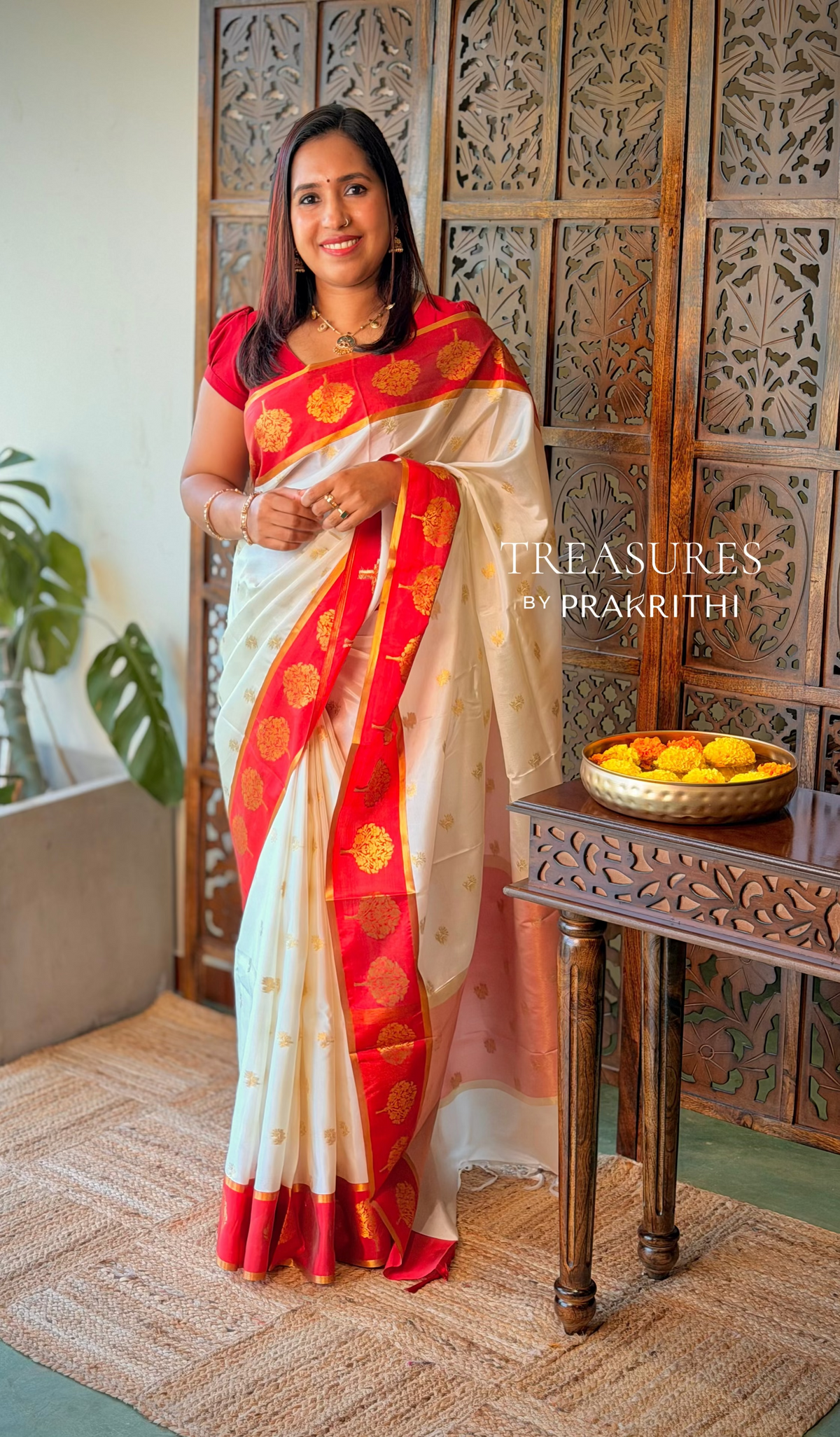 Off whit and Red Banarasi silk saree - ONAM26A