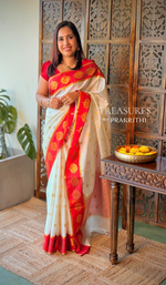 Off whit and Red Banarasi silk saree - ONAM26A