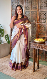 Off white and Deep Purple Banarasi silk saree - ONAM26B