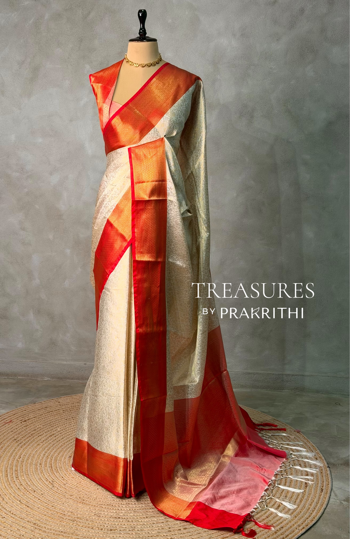 Offwhite and Red Brocade Banarasi silk saree -MPS43