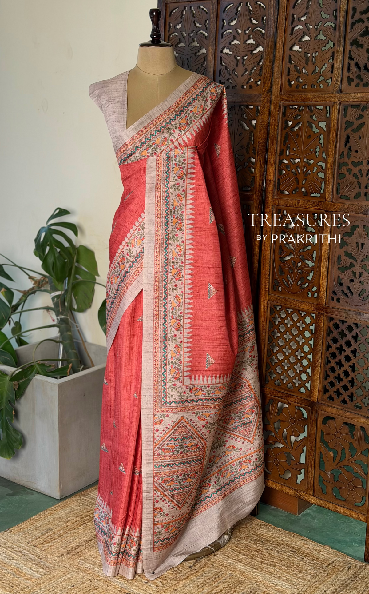 Dark peach semi tusser saree- PBR31D