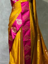 Yellowish green and magenta satin Banarasi silk saree - PRAZ6