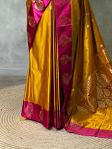 Yellowish green and magenta satin Banarasi silk saree - PRAZ6