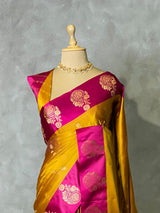 Yellowish green and magenta satin Banarasi silk saree - PRAZ6