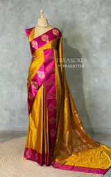Yellowish green and magenta satin Banarasi silk saree - PRAZ6