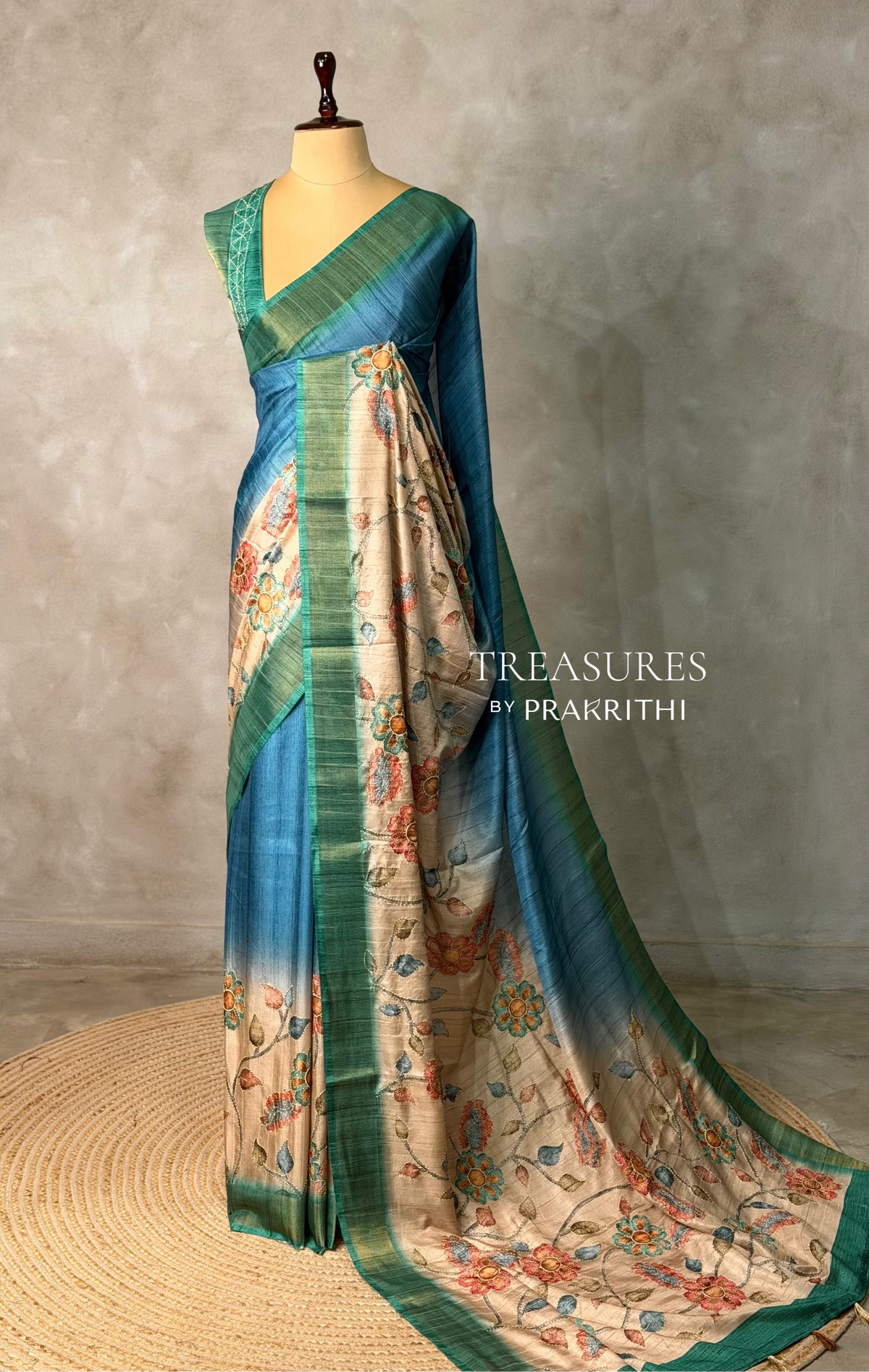 Blue Tusser Silk saree- PBR33T