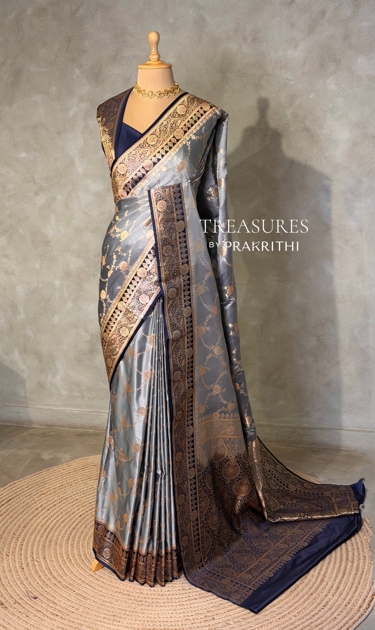 Grey and Dark blue Banarasi mashru katan silk saree - PRAZ9B