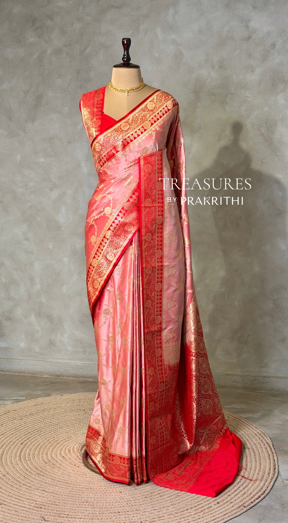 Peach and Red Banarasi mashru katan silk saree - PRAZ9C