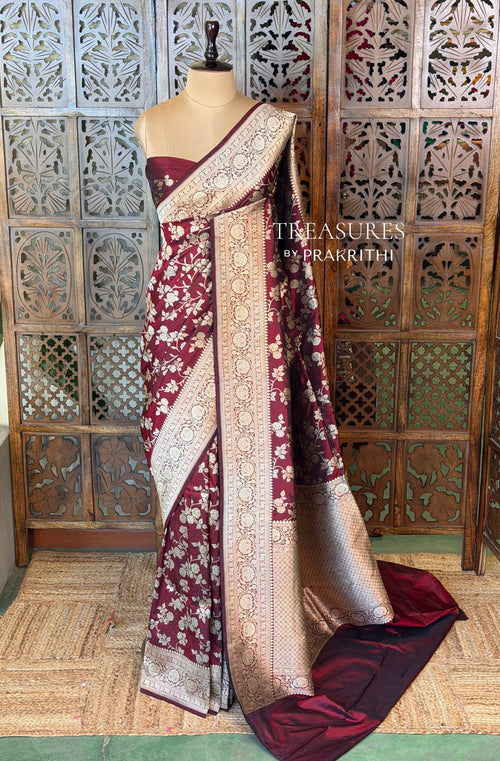 Deep Maroon pure katan Banarasi silk saree - PBRKATAN2