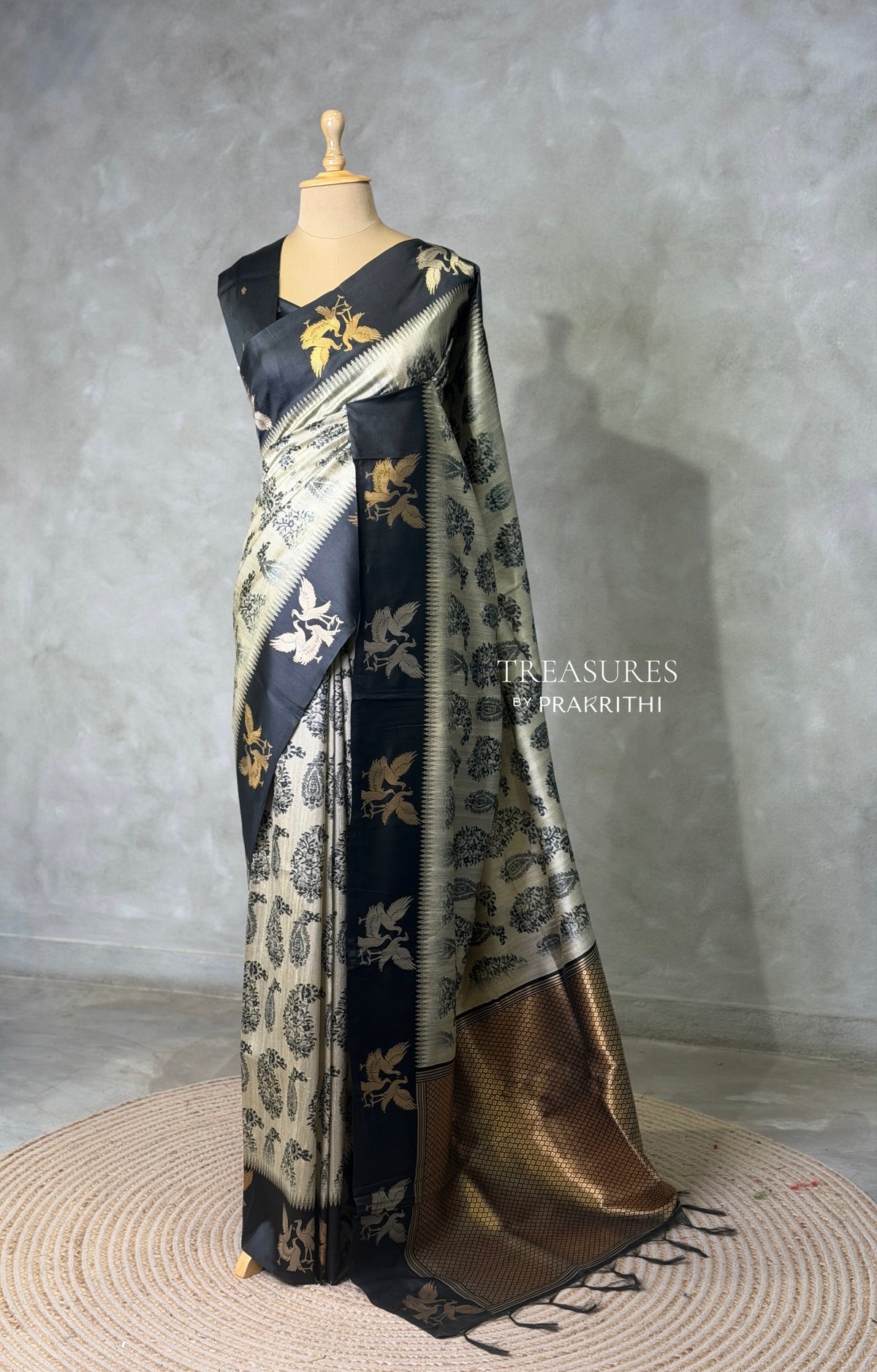 Off white and black tusser silk saree - PBRSS1C