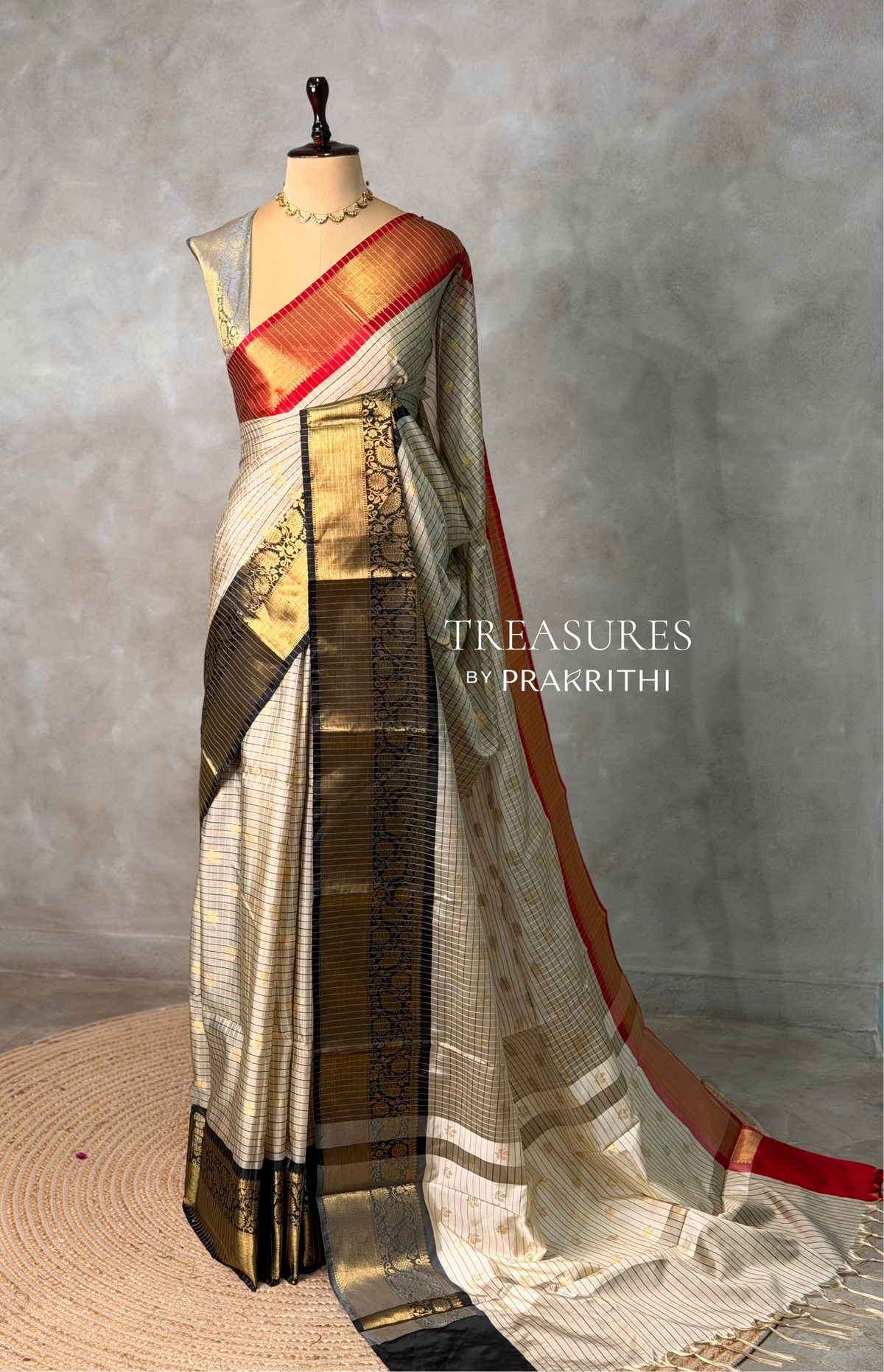 Off whire ,red and black Banarasi silk saree -LZ13