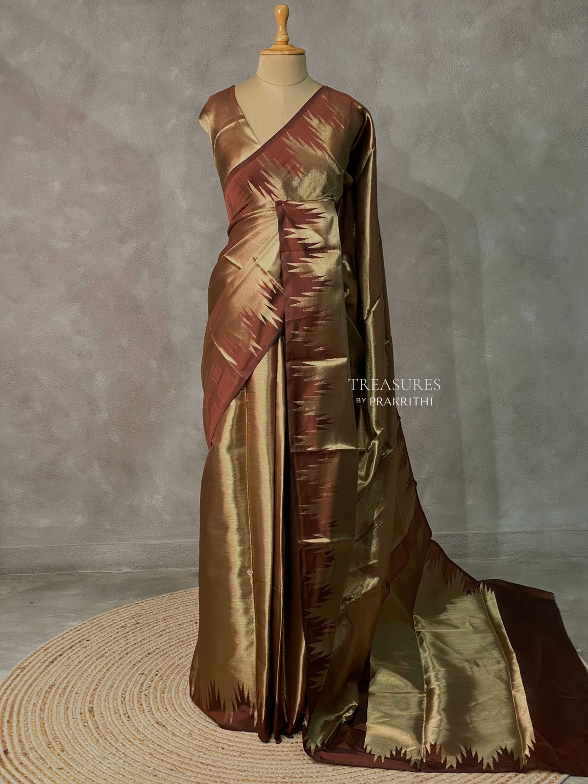 Brown Temple border brocade banarasi silk saree - PIH31C
