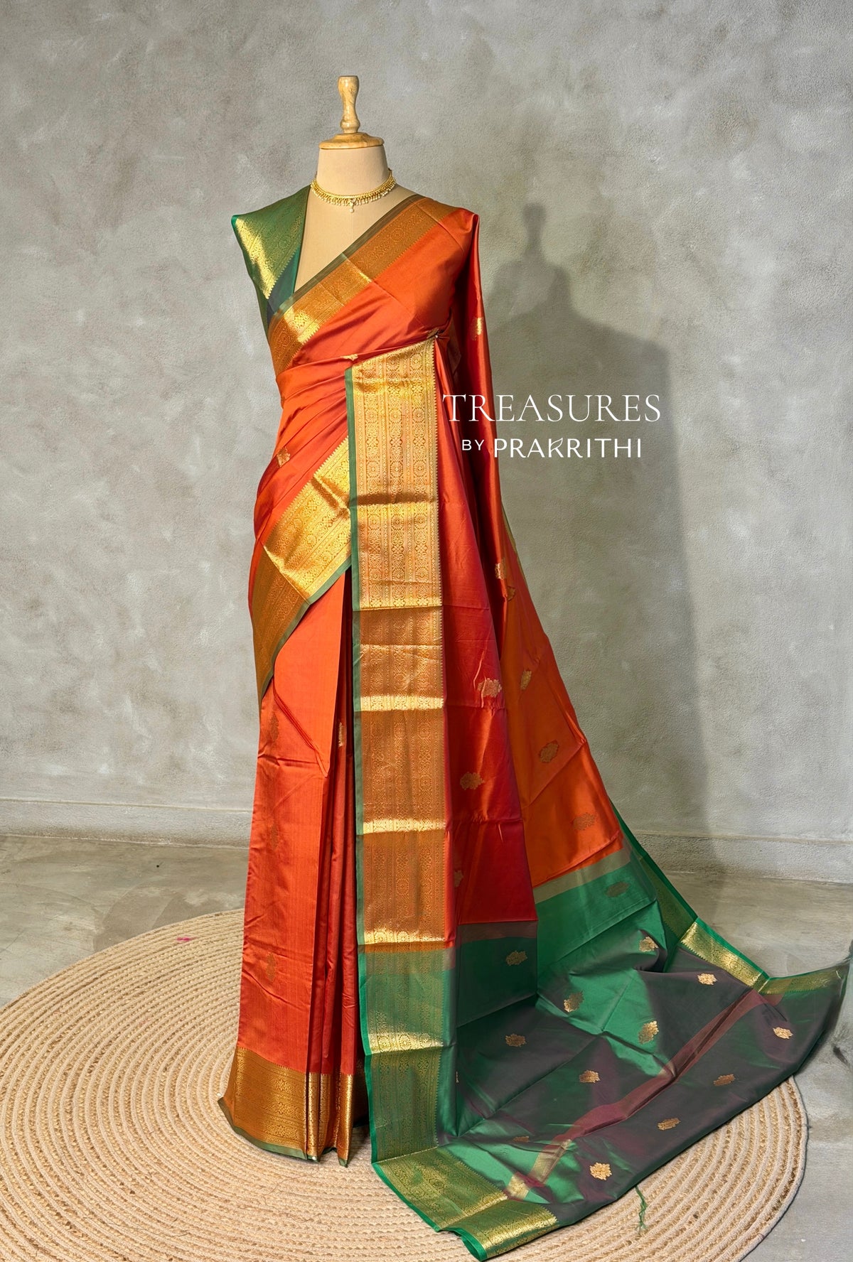 Rust Orange and Green semi kanchipuram soft silk saree - PSSN205