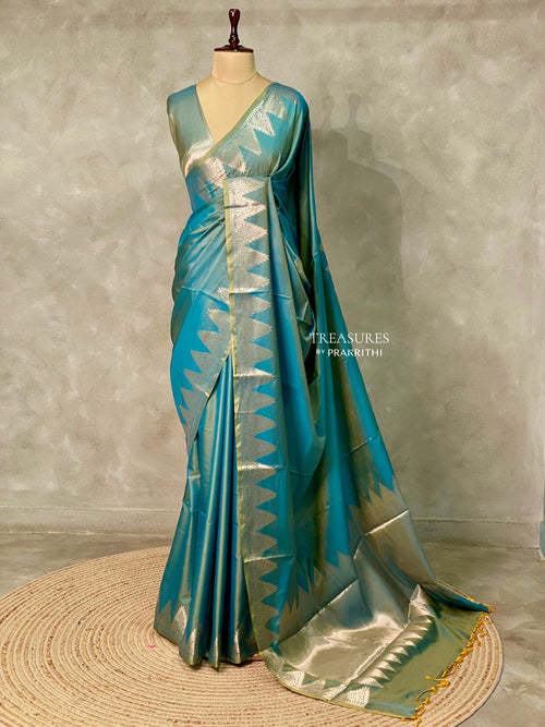 Greenish Blue Semi banarasi silk saree -PIH37D