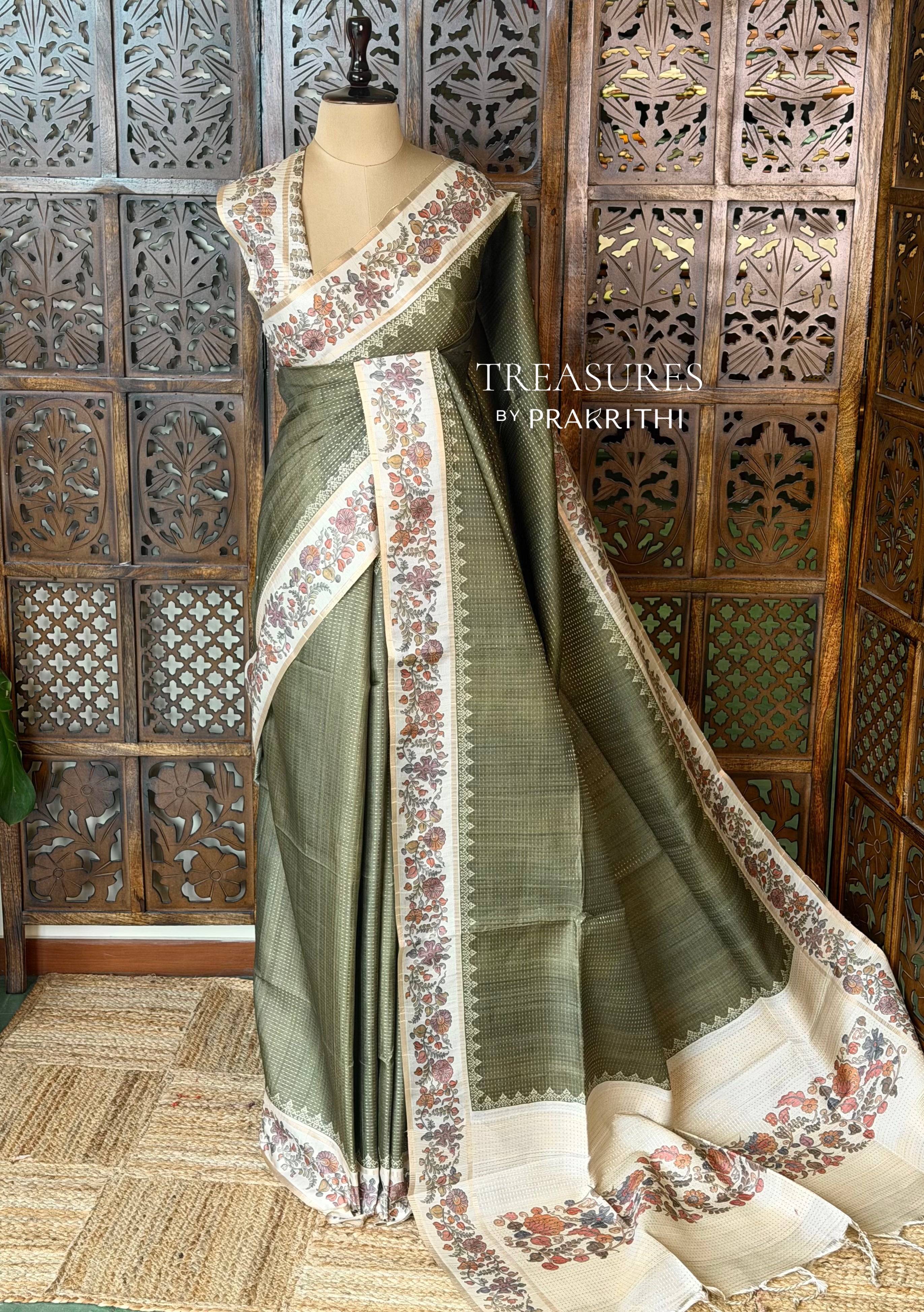 Olive Green Tusser Silk saree- PBR63K