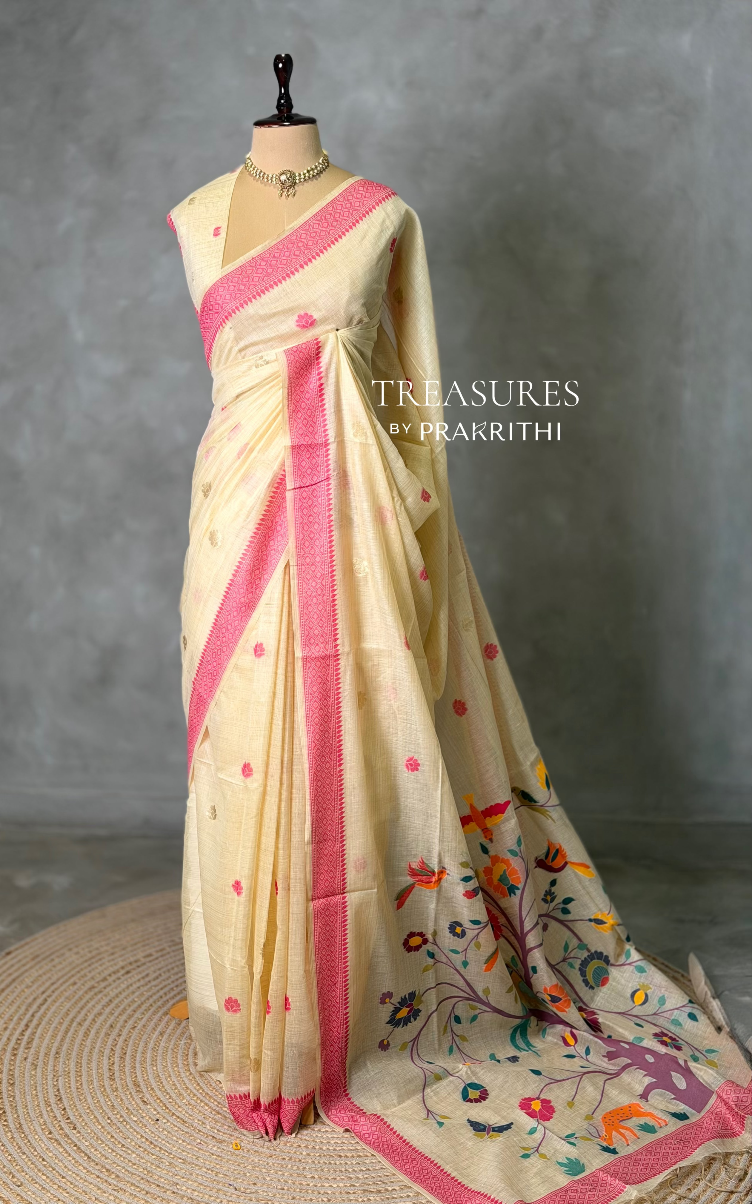 Sandal jamdani cotton silk saree- PBR47D