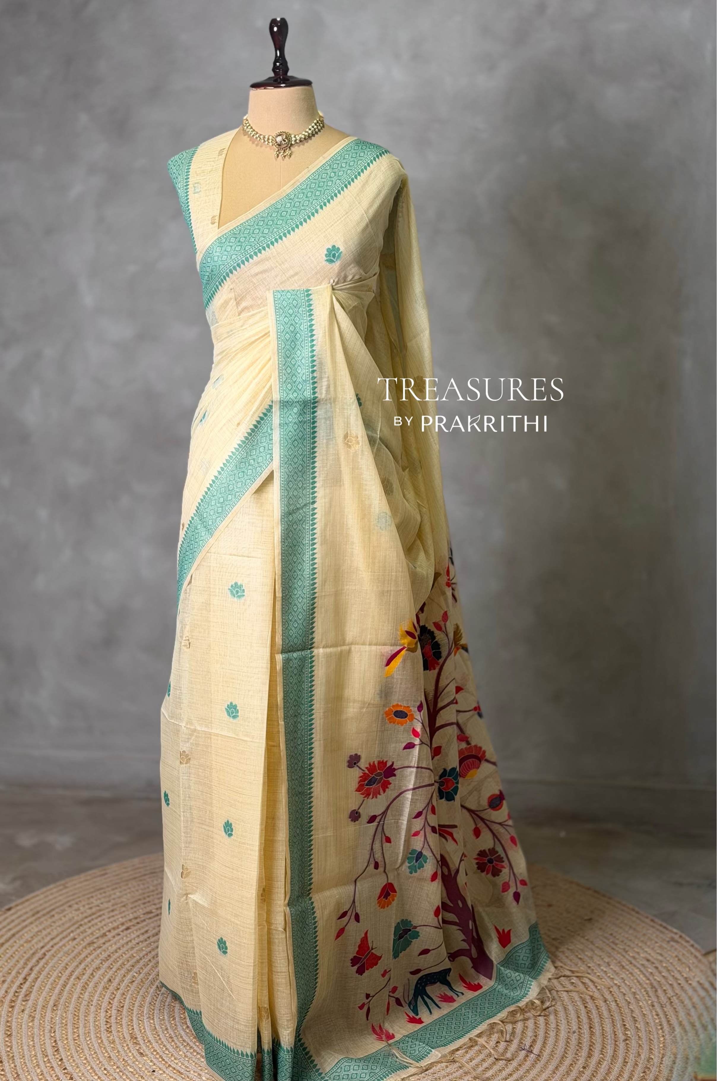 Sandal jamdani cotton silk saree- PBR47E