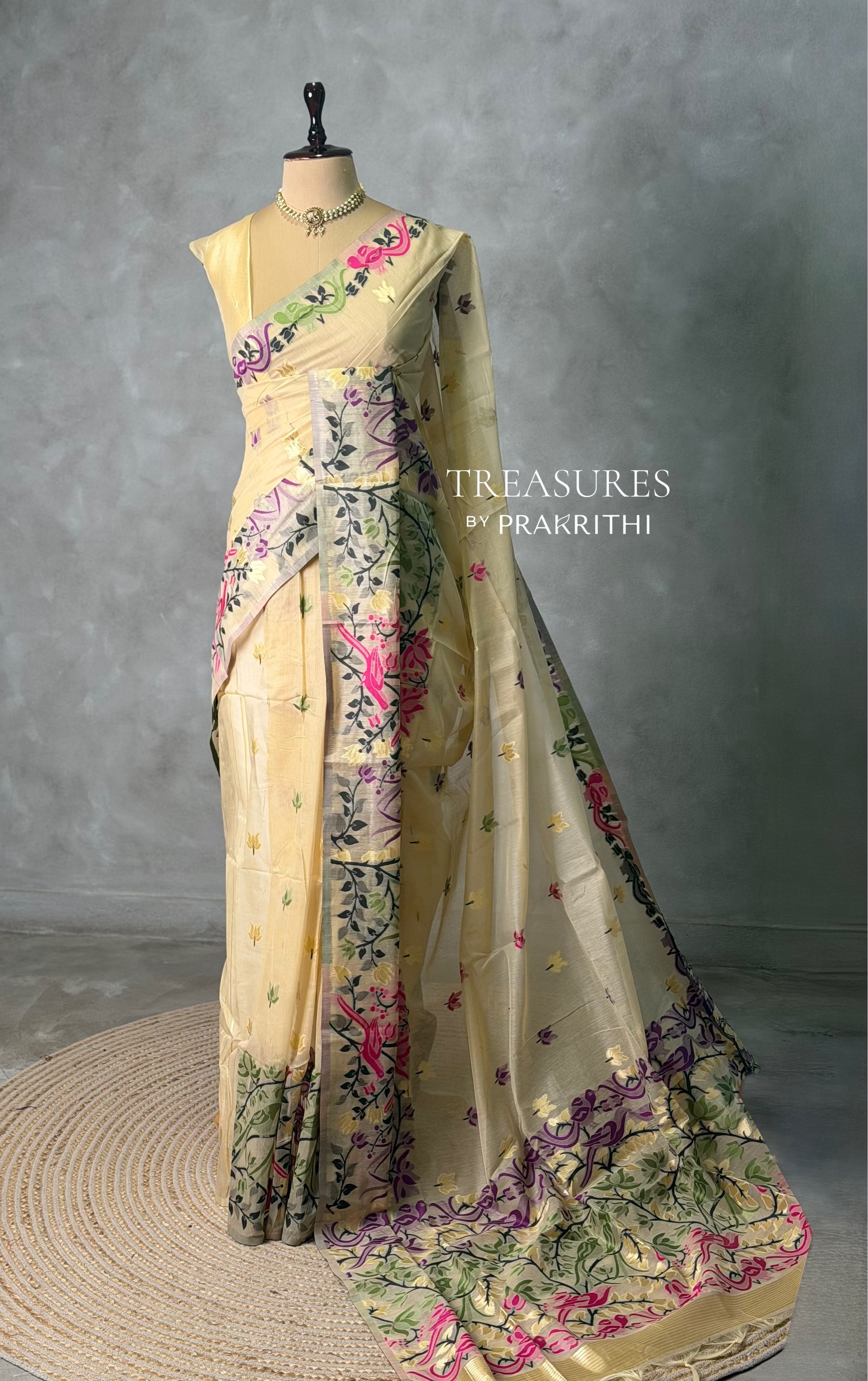 Sandal jamdani cotton silk saree- PBR47