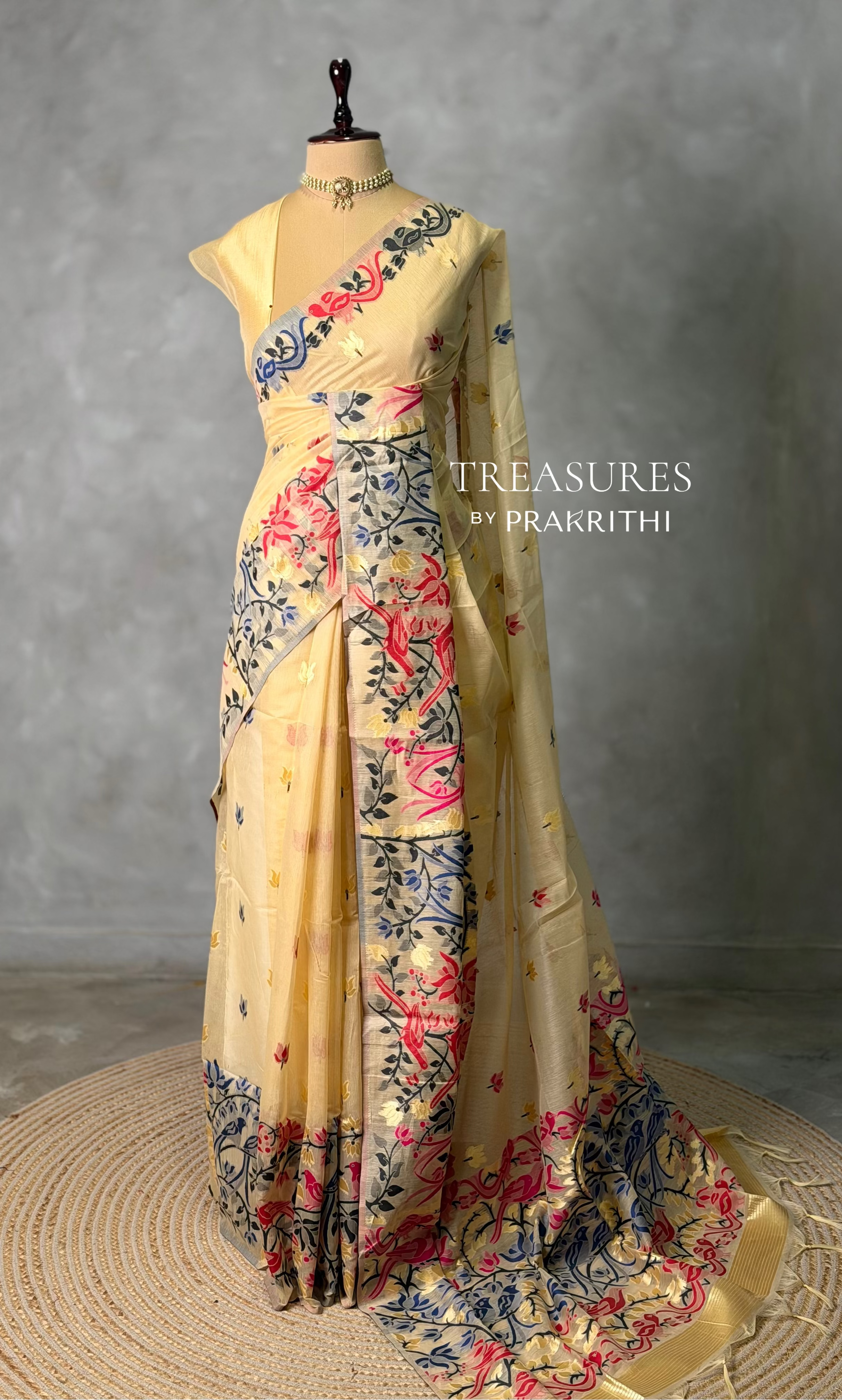 Sandal jamdani cotton silk saree- PBR47A