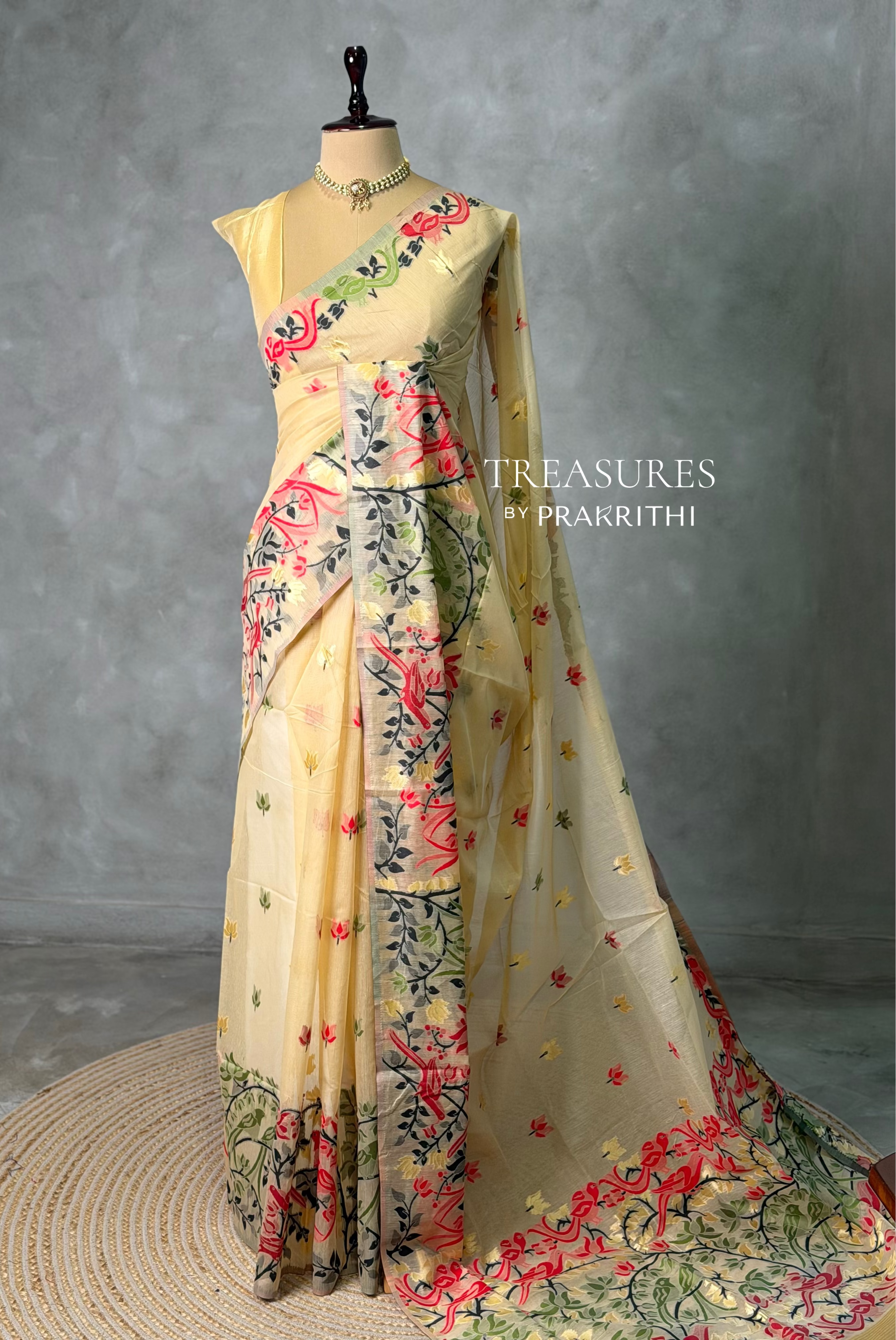 Sandal jamdani cotton silk saree- PBR47B
