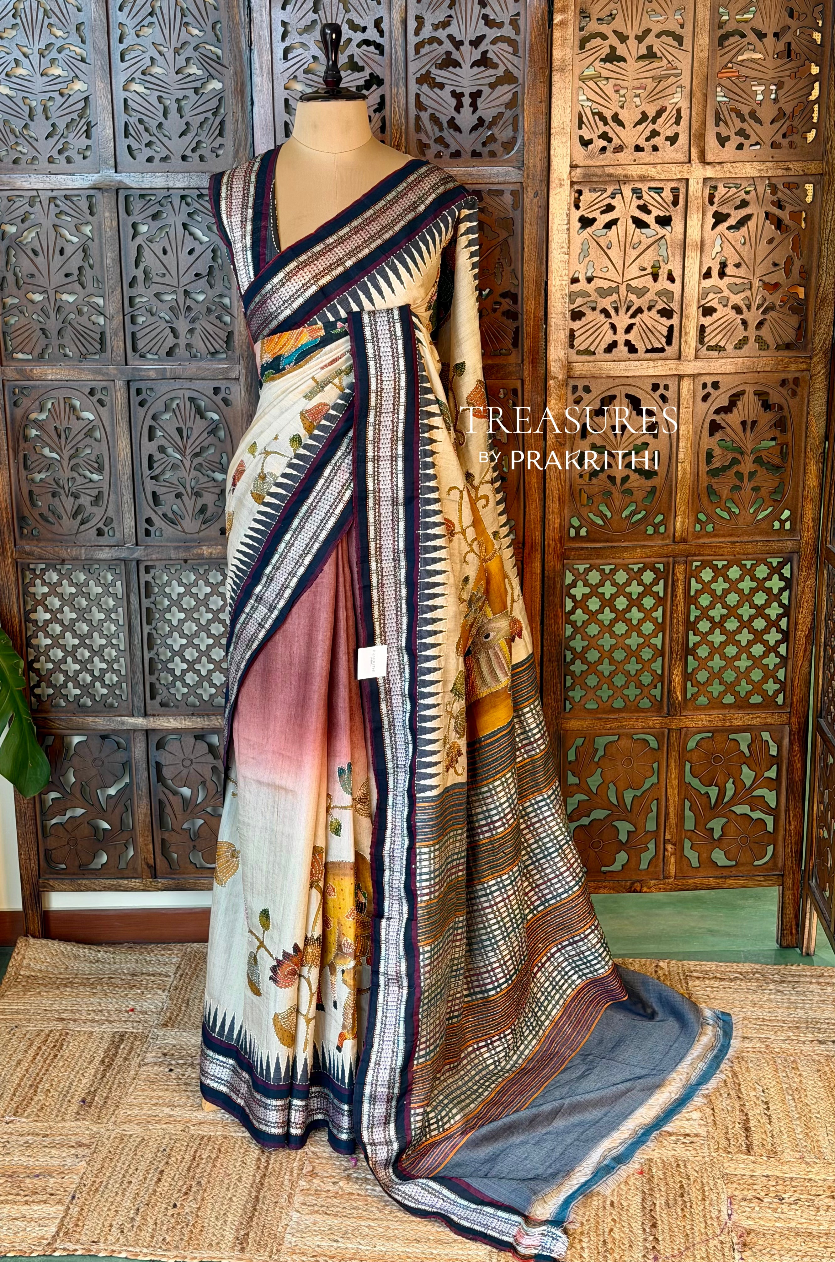 Pure tusser silk with pichwai and hand kantha work -PBRT1A