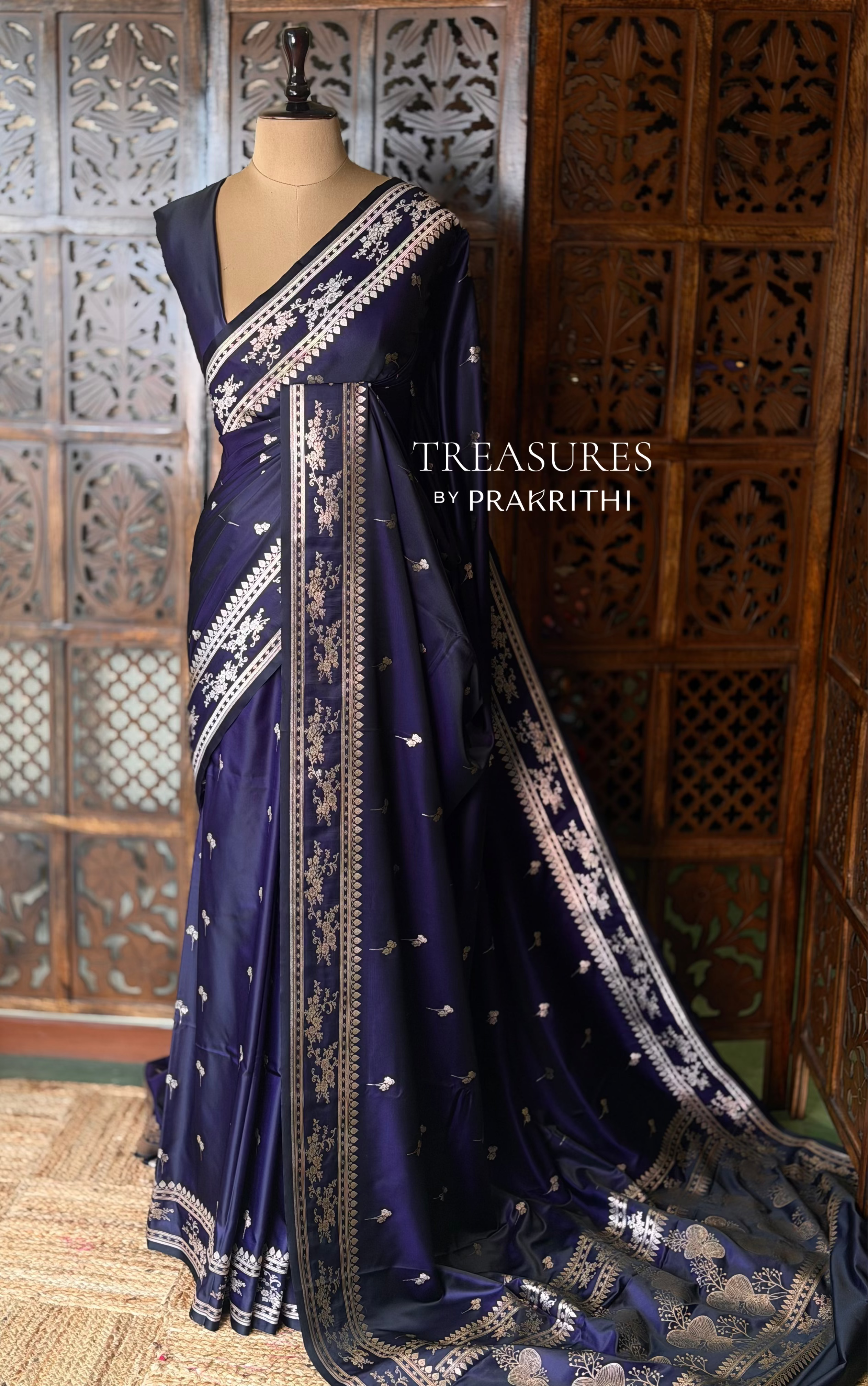 Navy Blue zatin Banarasi silk saree - RAZ1IB
